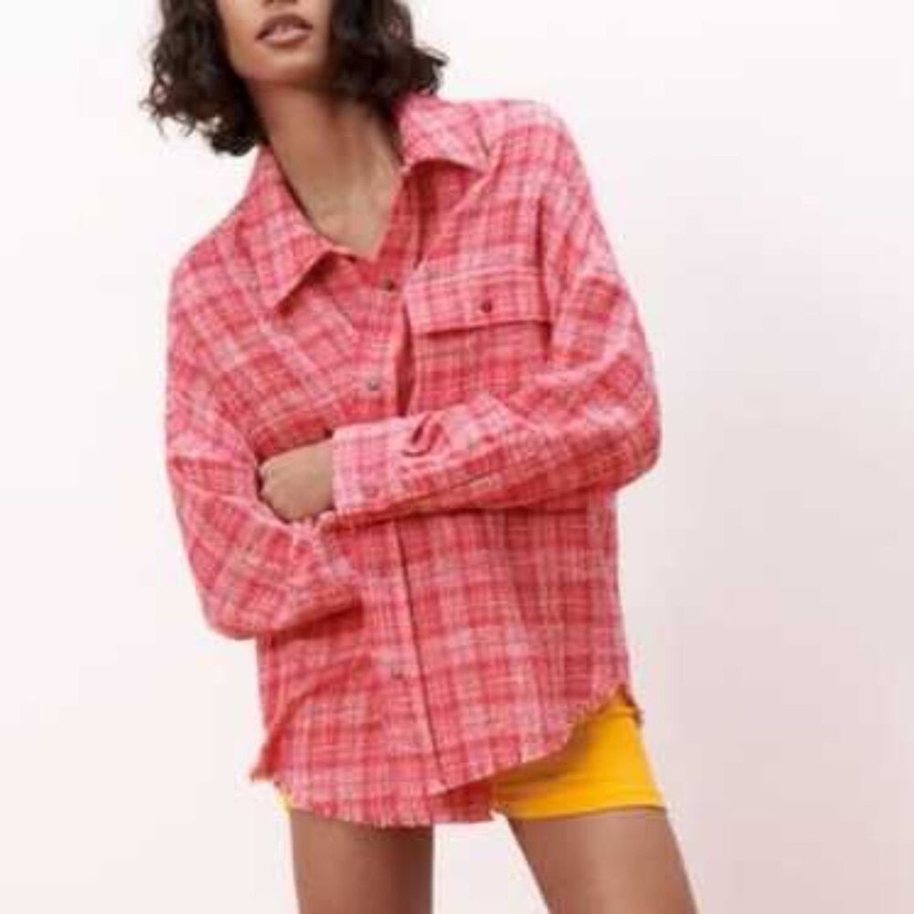 ZARA Tweed Plaid‎ Oversized Shacket Red XS